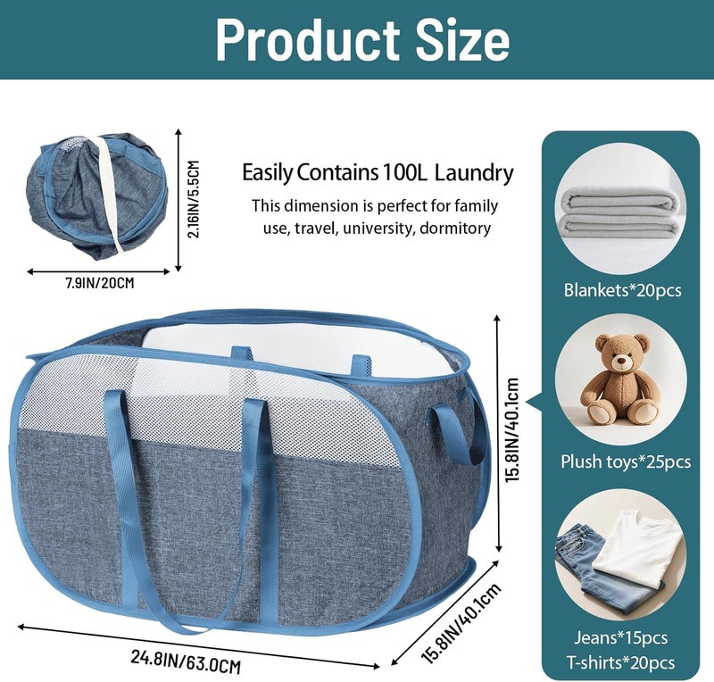 BATTOO 100L Collapsible Laundry Baskets, Tear Proof Pop Up Laundry Hamper with Dual Handles, Large Foldable Laundry Basket, Easy to Carry Laundry Hamper for Home, Laundry Room, Bedroom, Dorm, Travel Blue - Image 4